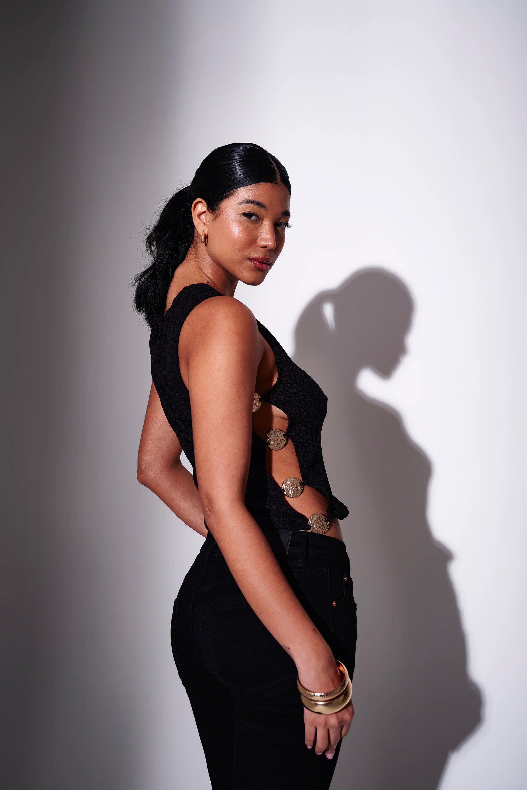 Serena Gold Decal Knitted Beach Top in Black - Image 5