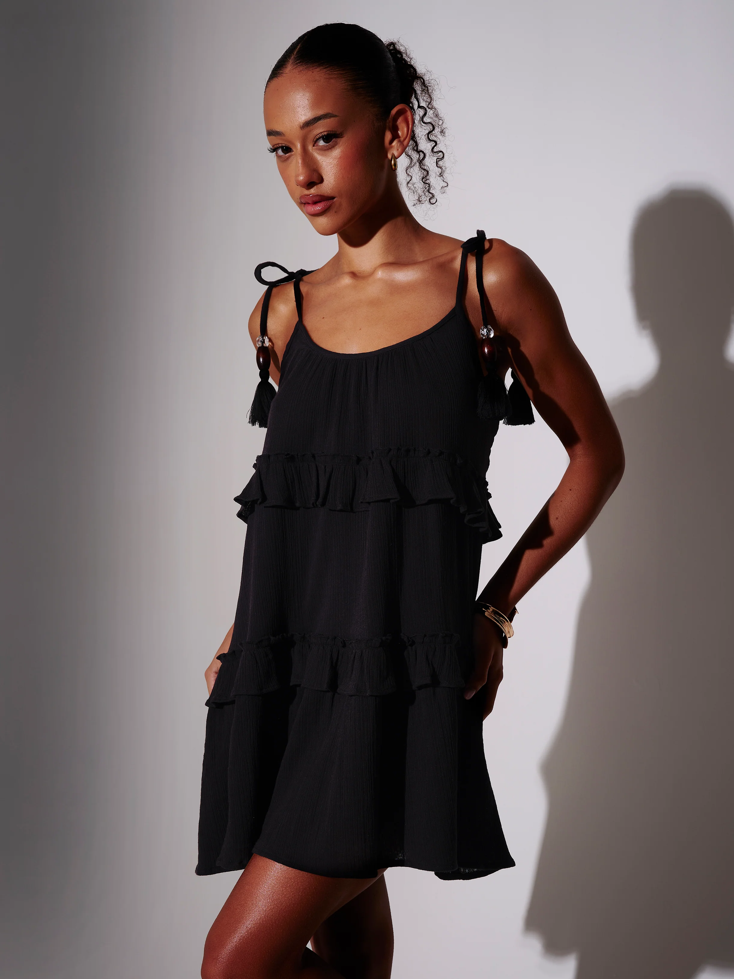 Playa Tiered Cotton Mini Dress in Black - Image 4
