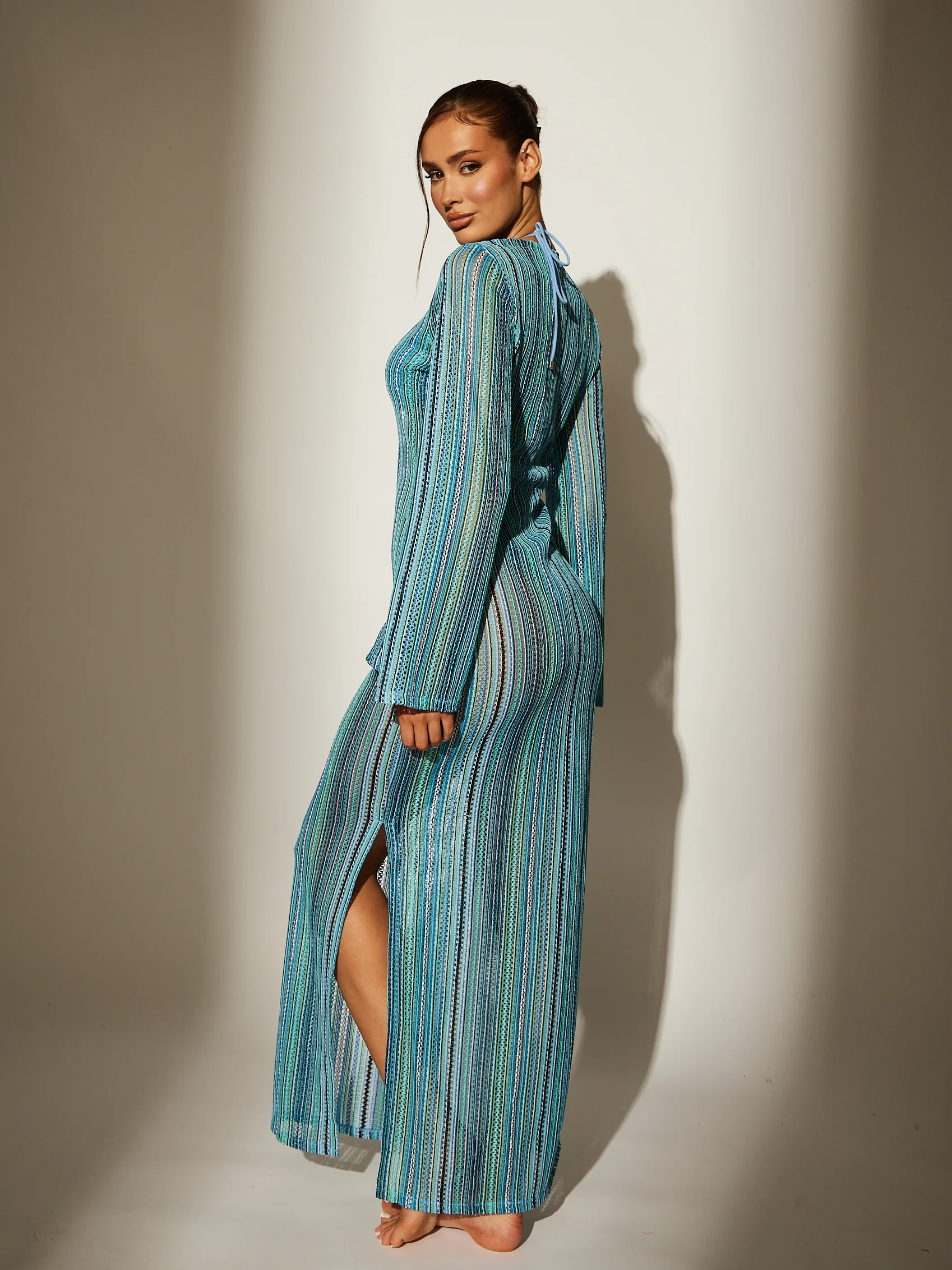 Trophy Crochet Silver Decal Maxi Dress in Blue Crochet - Image 4