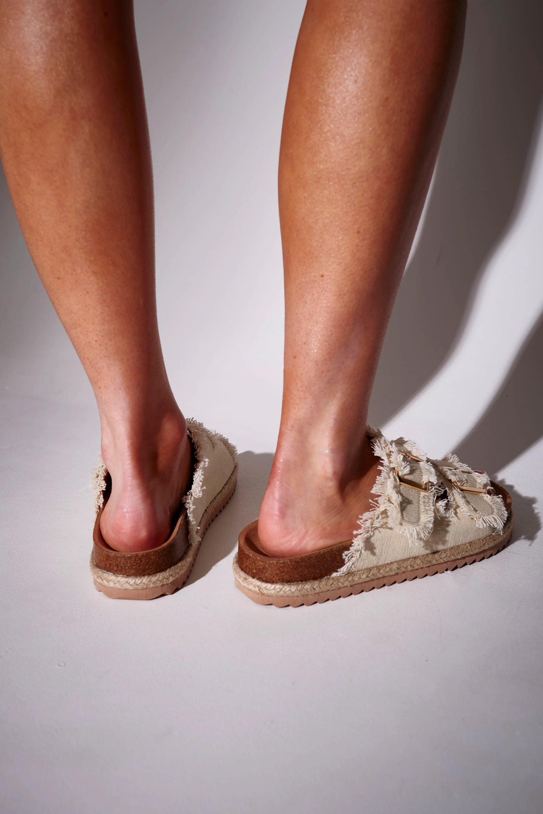 Fringed Denim Double Buckle Espadrilles in Cream - Image 4