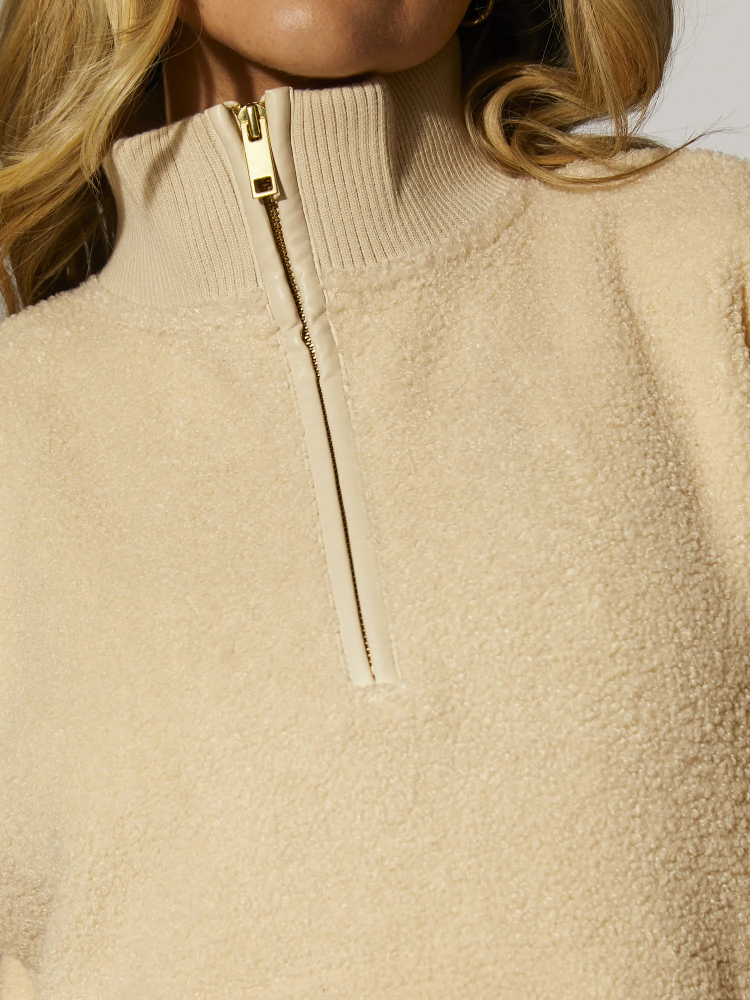 Snug 1/4 Zip Faux Shearling Top in Cream - Image 3