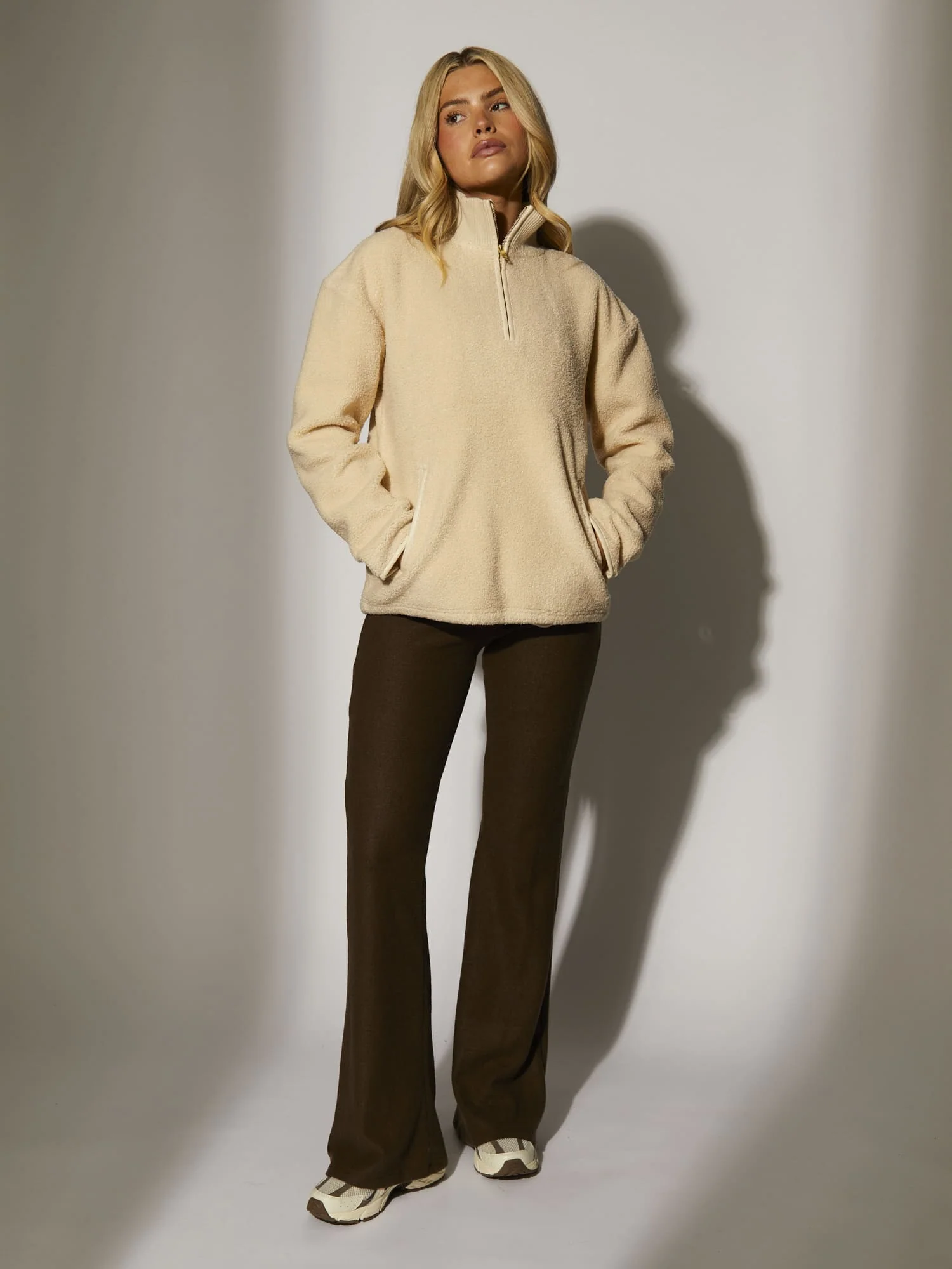 Snug 1/4 Zip Faux Shearling Top in Cream - Image 6