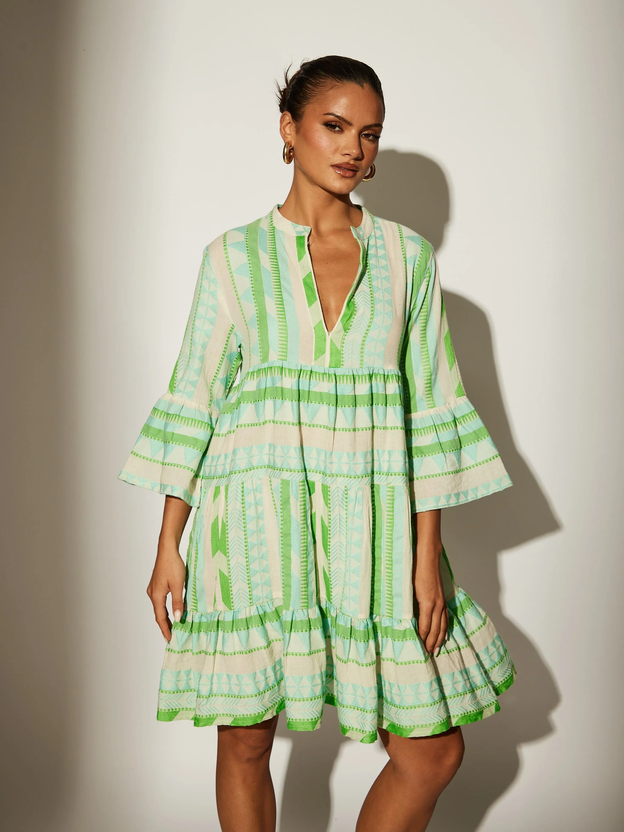 Green Jacquard 3/4 Sleeve Tiered Dress - Image 3