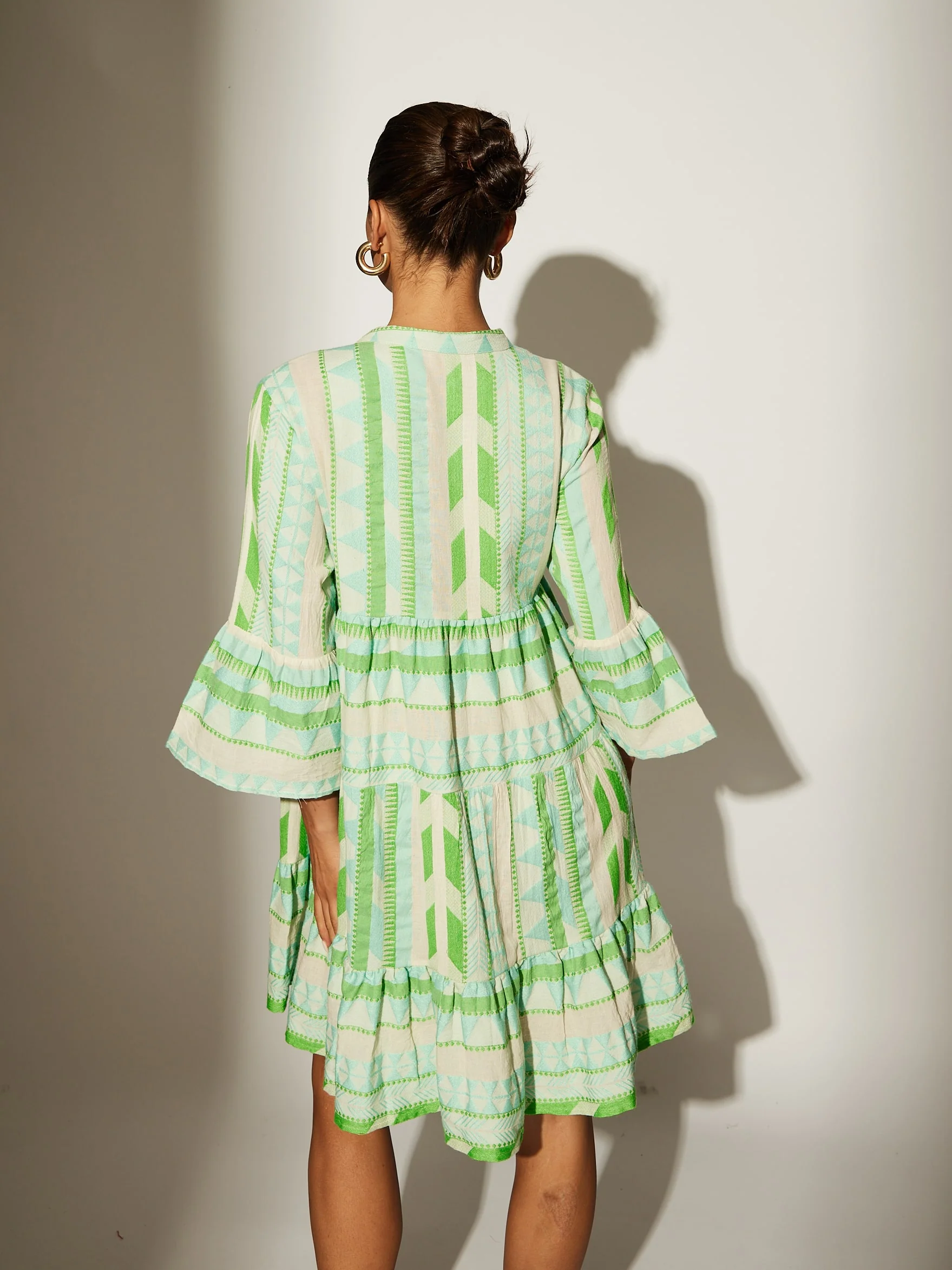 Green Jacquard 3/4 Sleeve Tiered Dress - Image 4