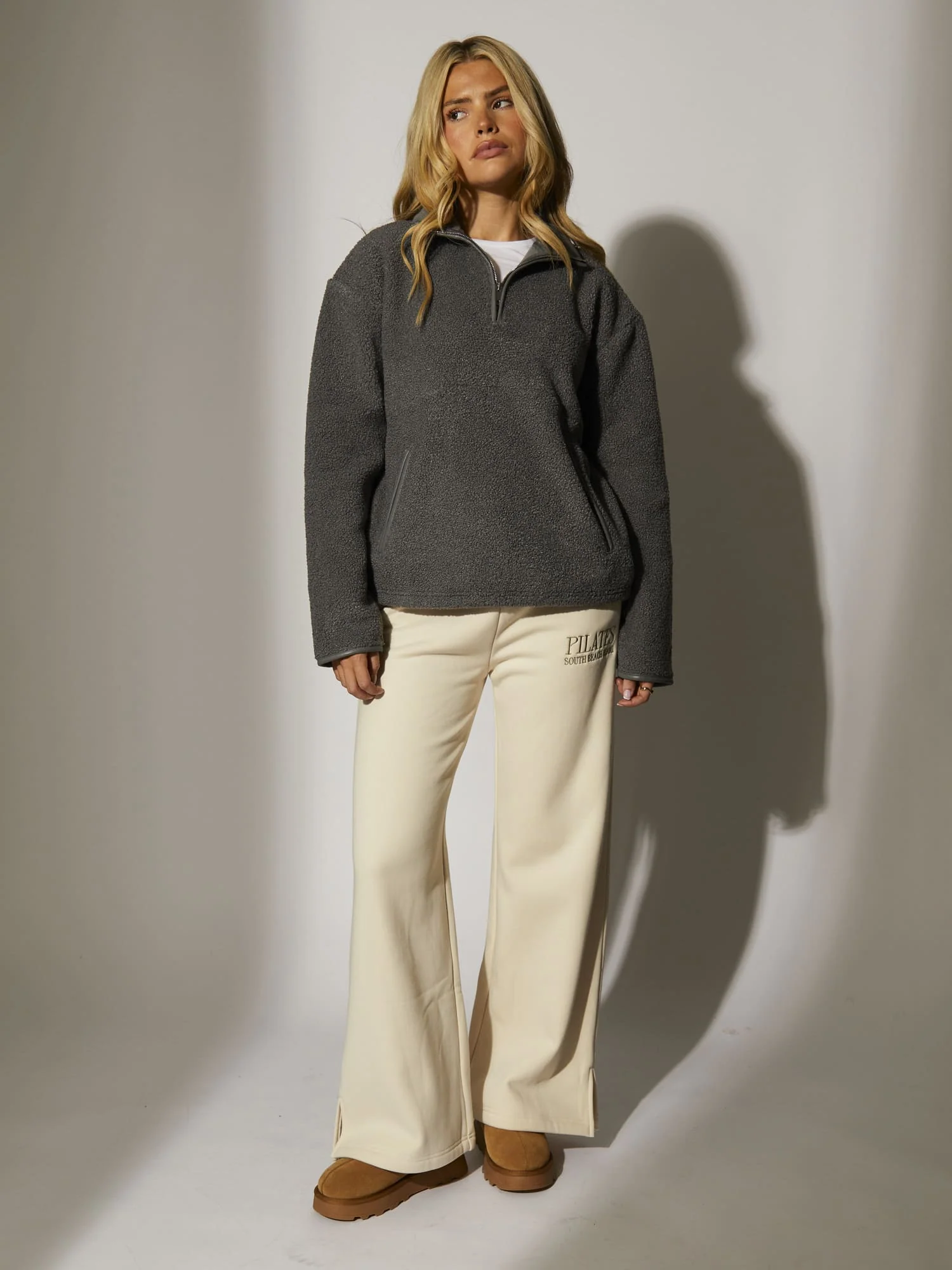 Snug 1/4 Zip Faux Shearling Top in Grey - Image 3