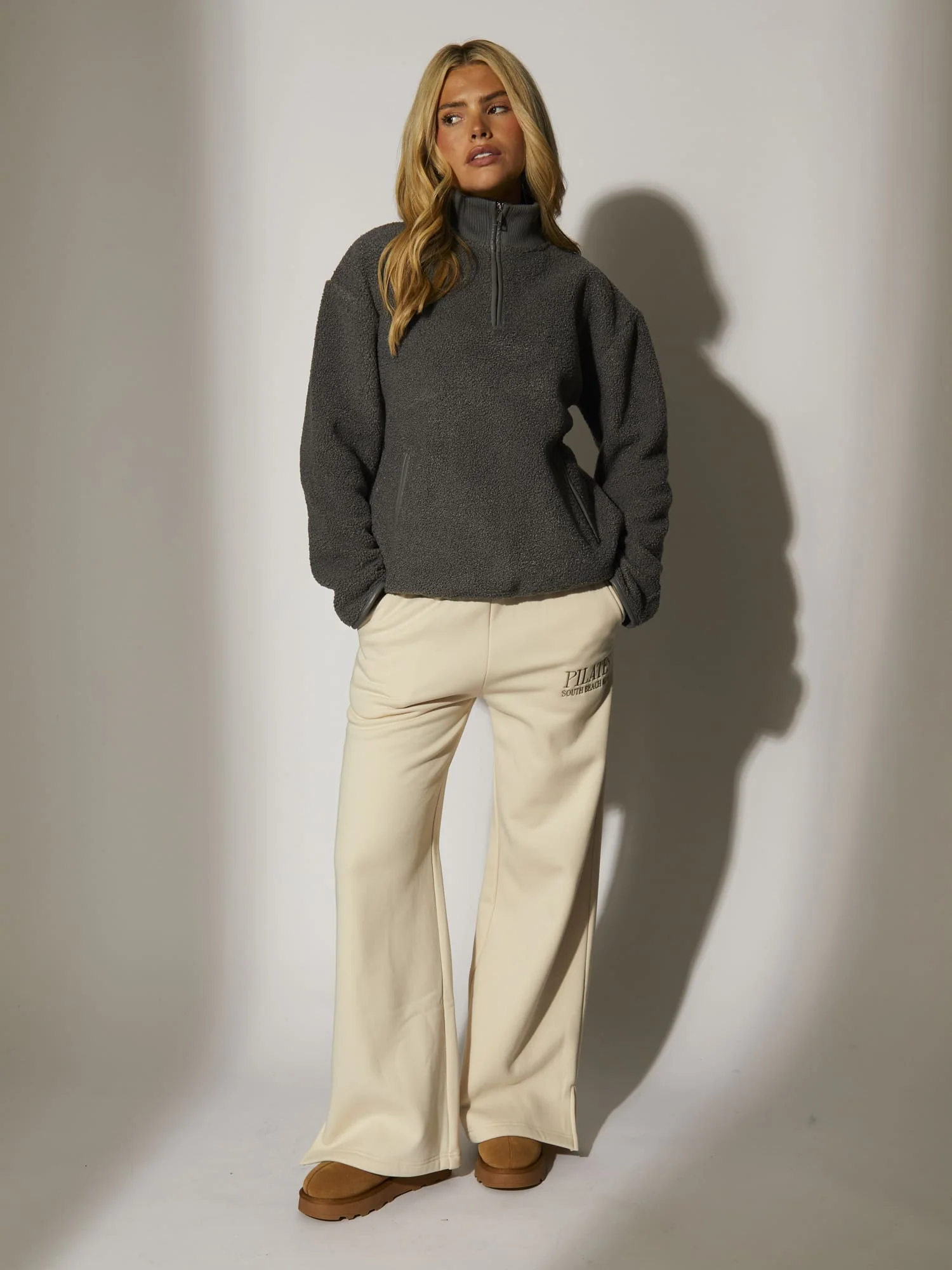 Snug 1/4 Zip Faux Shearling Top in Grey - Image 5