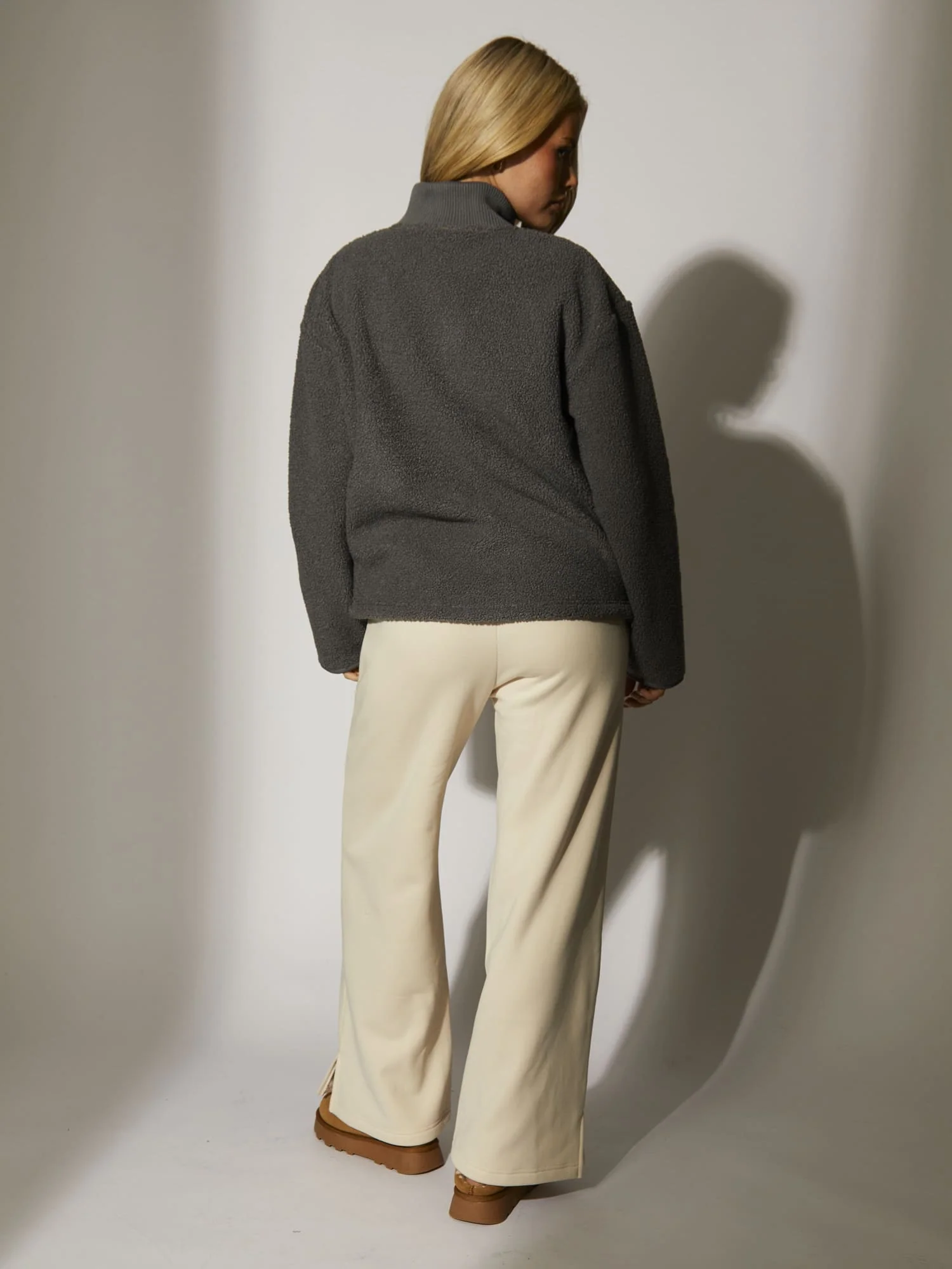 Snug 1/4 Zip Faux Shearling Top in Grey - Image 6