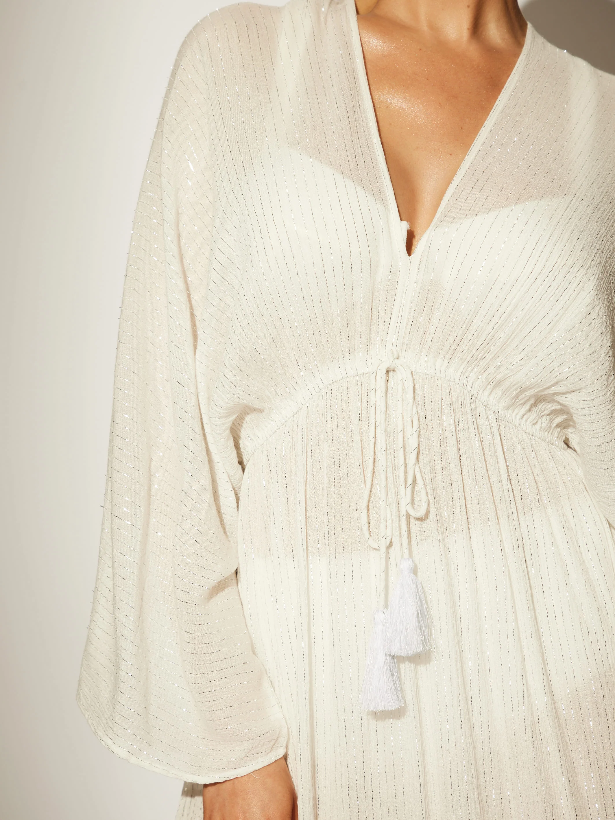 Metallic Kimono Sleeve  Beach Maxi Dress in White - Image 3