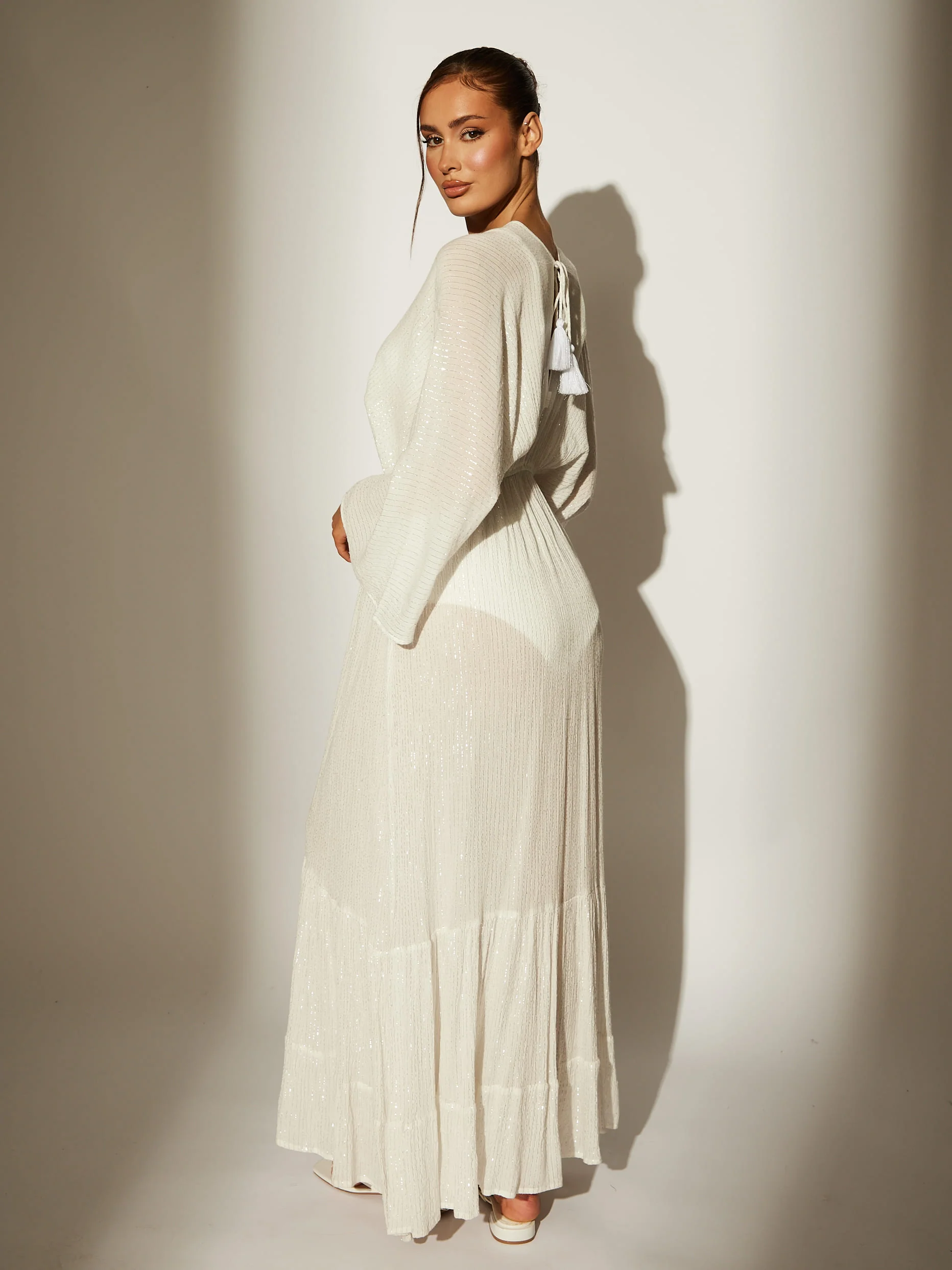 Metallic Kimono Sleeve  Beach Maxi Dress in White - Image 4